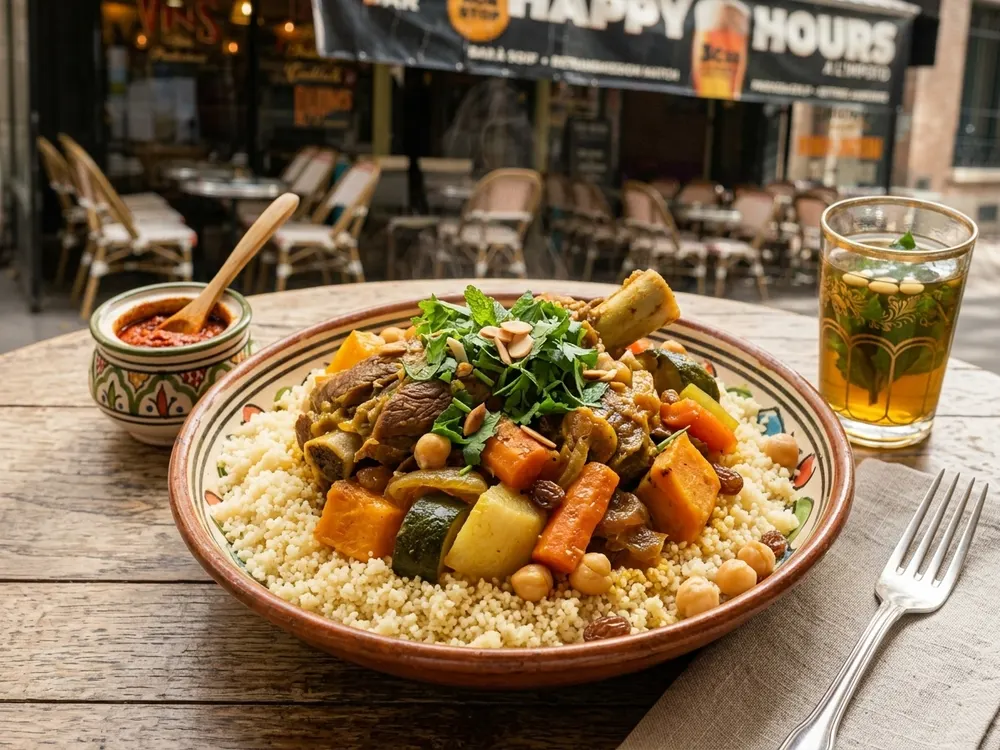 Couscous du chef à L'impondérable : semoule, viande, légumes, pois chiches et raisins secs